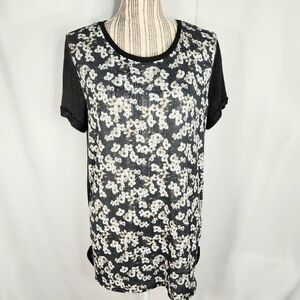 Basic Editions NWOT Black Grey Multi Floral Front Cuffed Short Sleeve Top Large